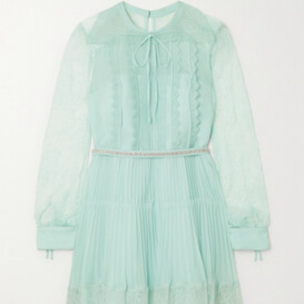 Self Portrait Mint Green Lace Trim Pleated Dress (NWOT)